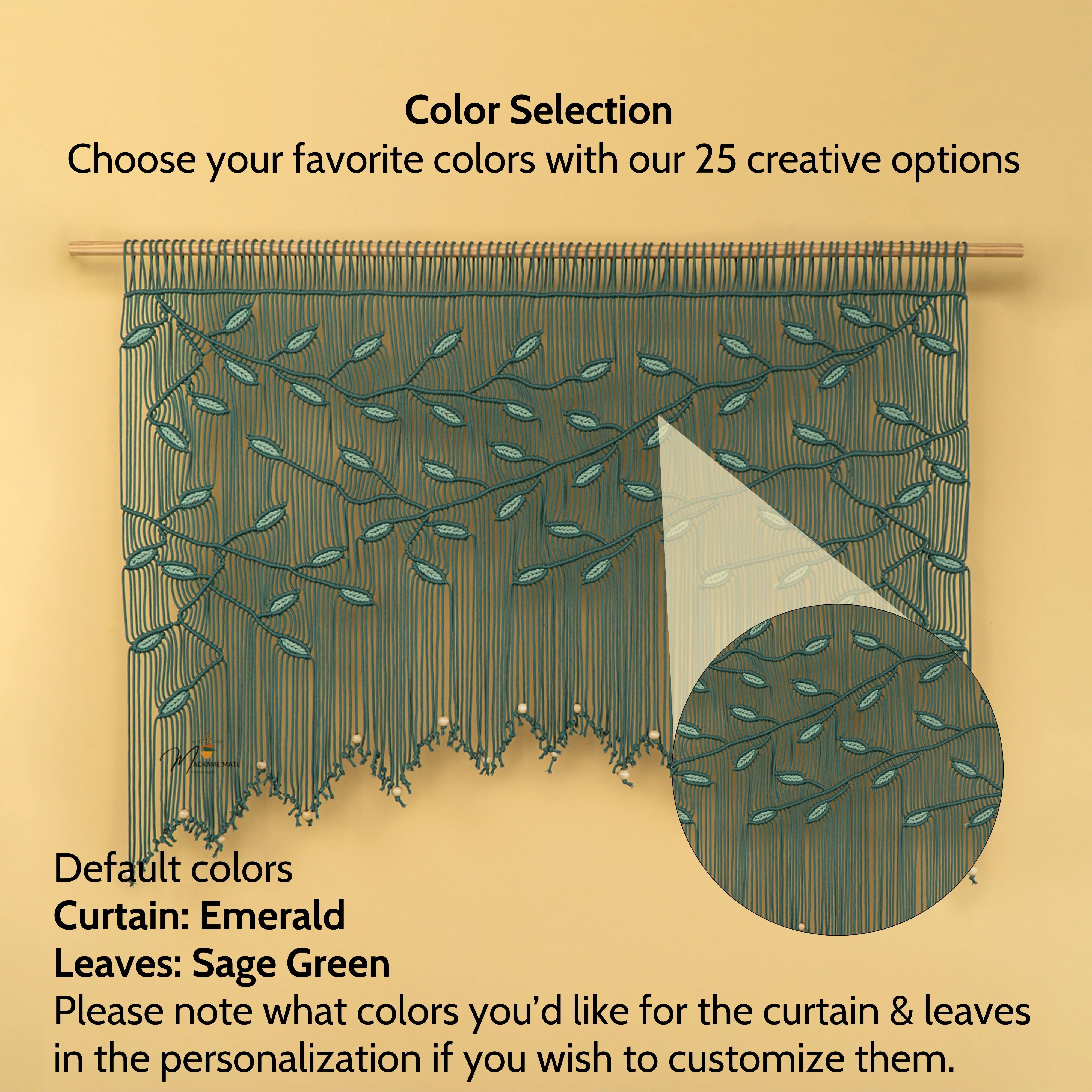 Decorative curtain with leaf pattern on a beige background, featuring color selection text.