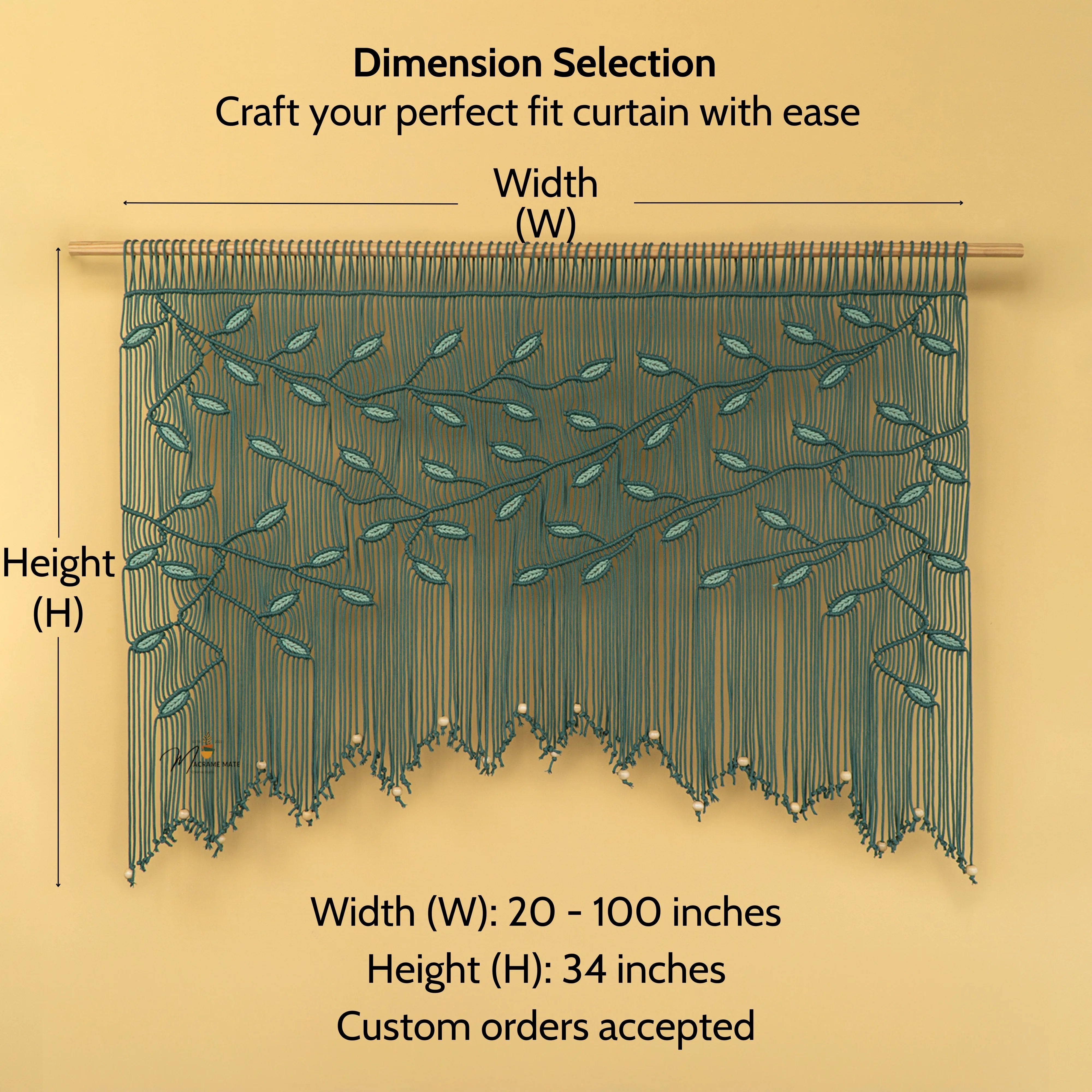 Measurement chart for curtain dimensions with a decorative curtain on a beige background