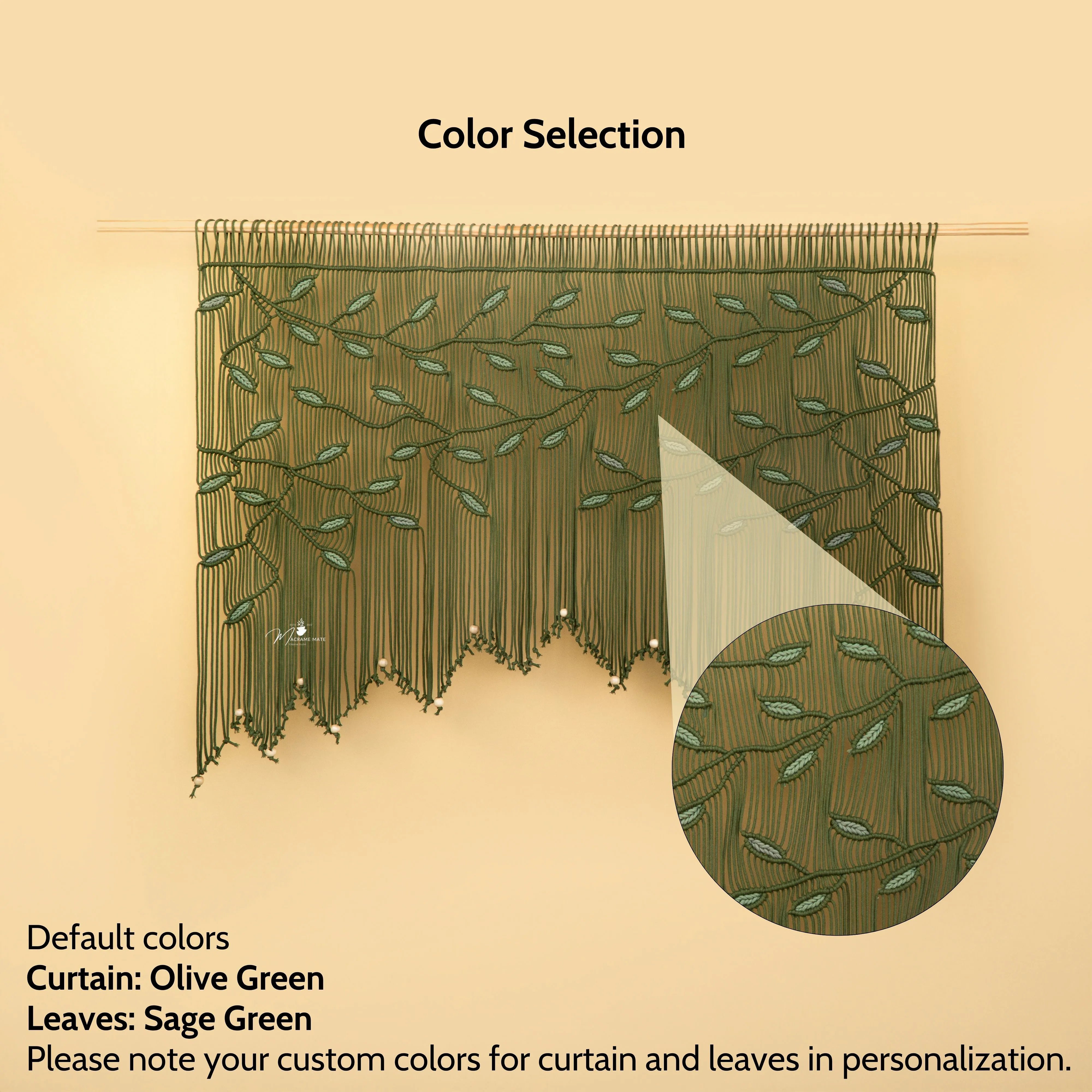 Illustration of a curtain with leaf pattern on a beige background, showing color selection details.