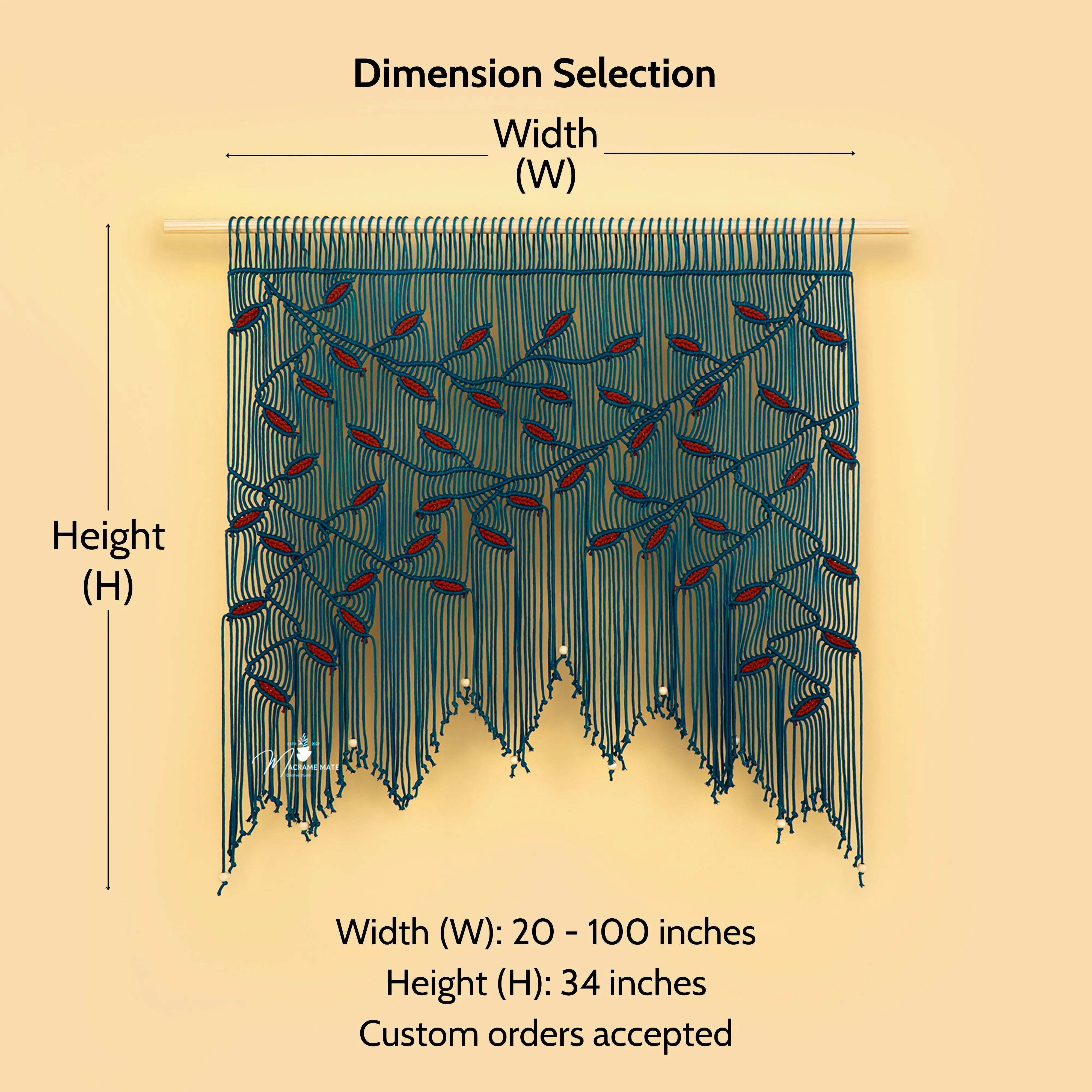 Measurement chart for a decorative wall hanging with dimensions on a beige background