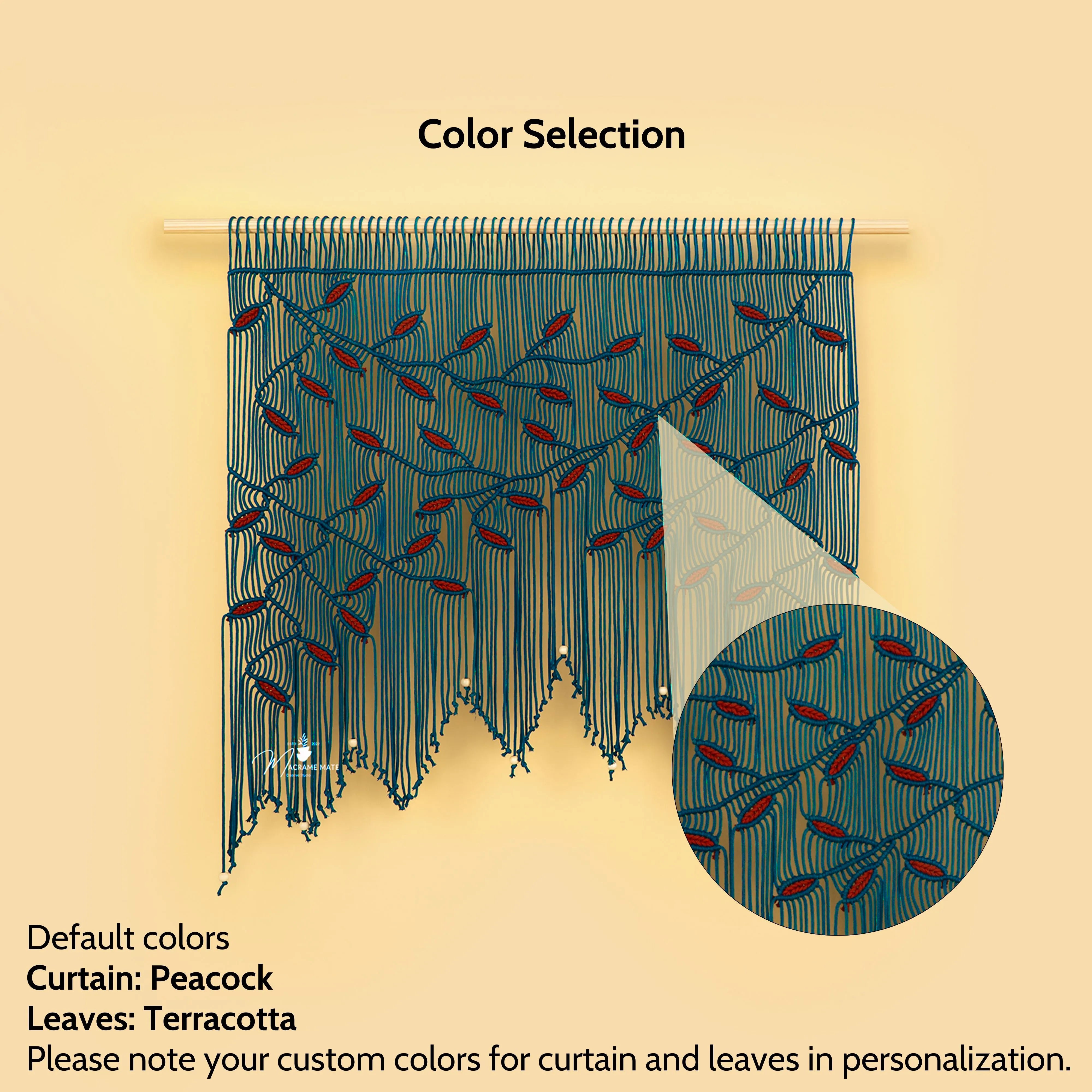 Decorative curtain with peacock pattern and terracotta leaves on a beige background