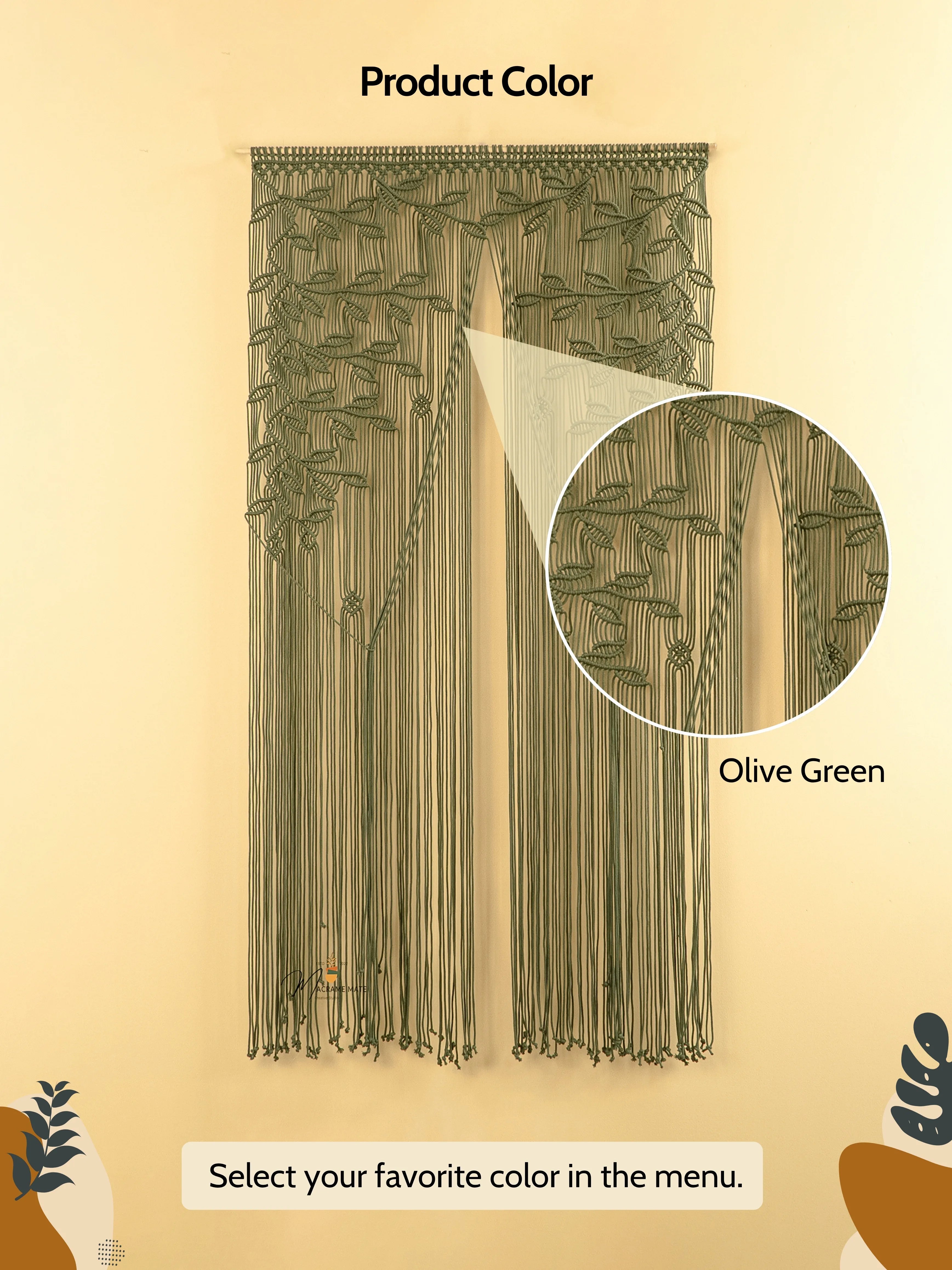 Olive green macrame wall hanging with a close-up detail on a beige background