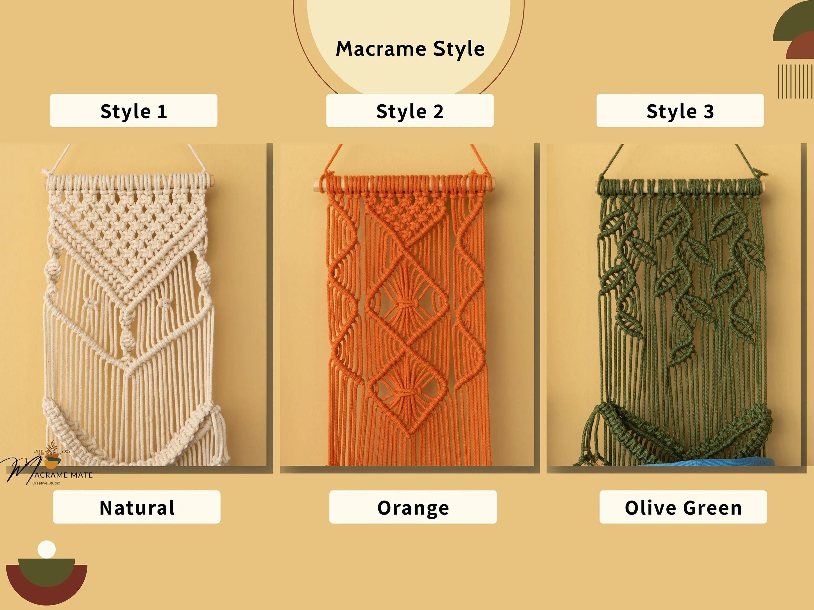 Three macrame wall hangings in different styles and colors on a beige background.