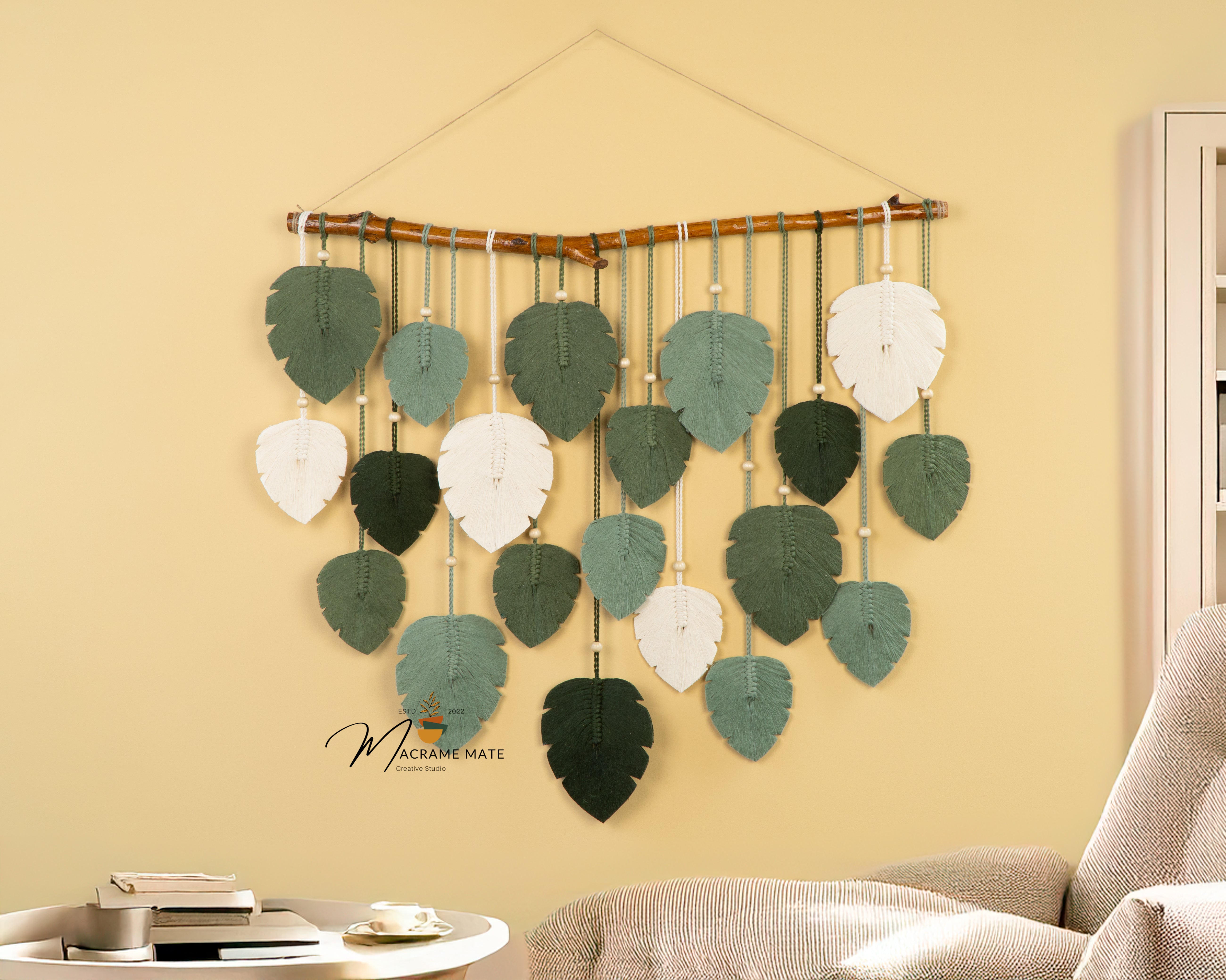 Handmade macrame leaf wall hanging, great for boho or rustic home decor