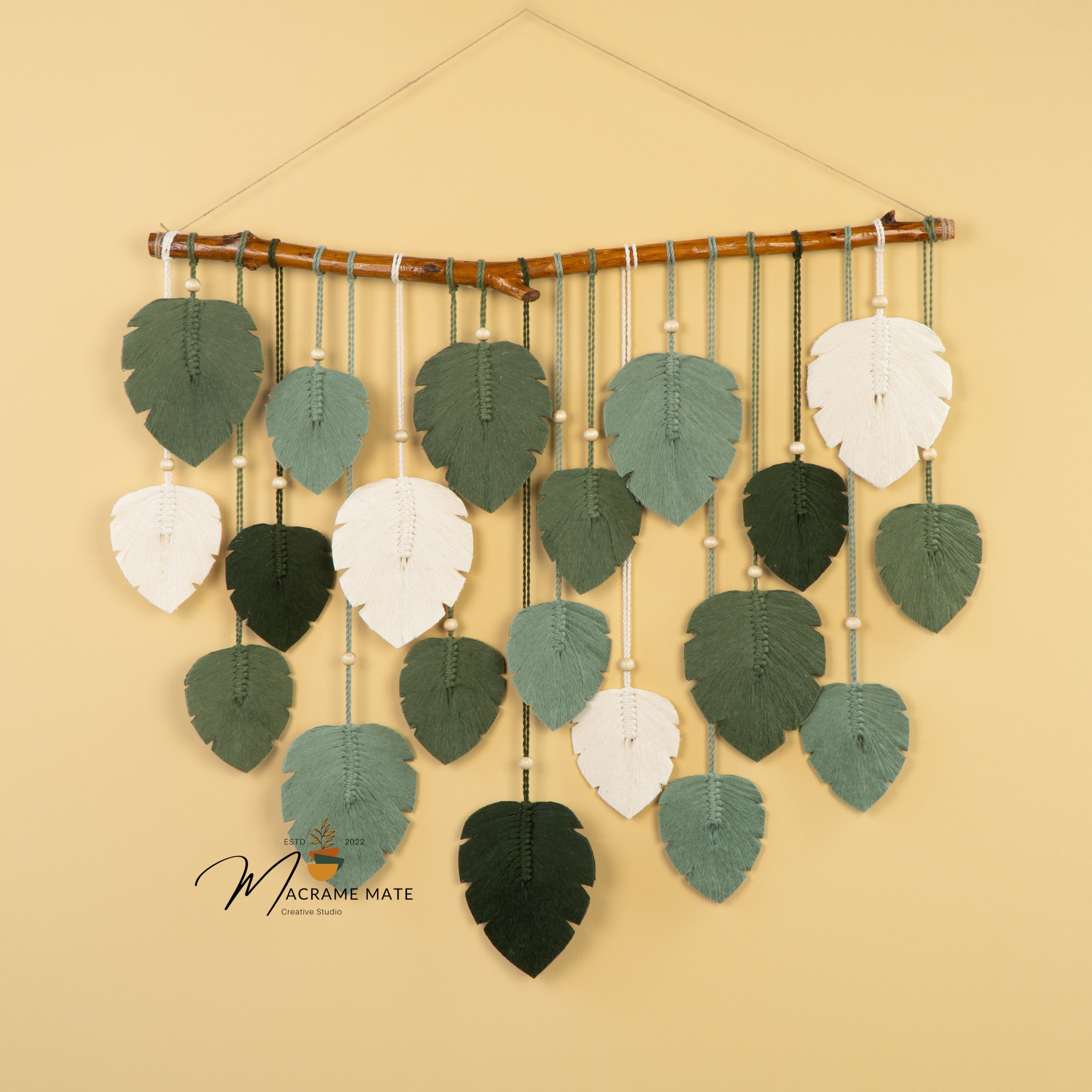Boho macrame leaf wall hanging, great for cozy or earthy decor