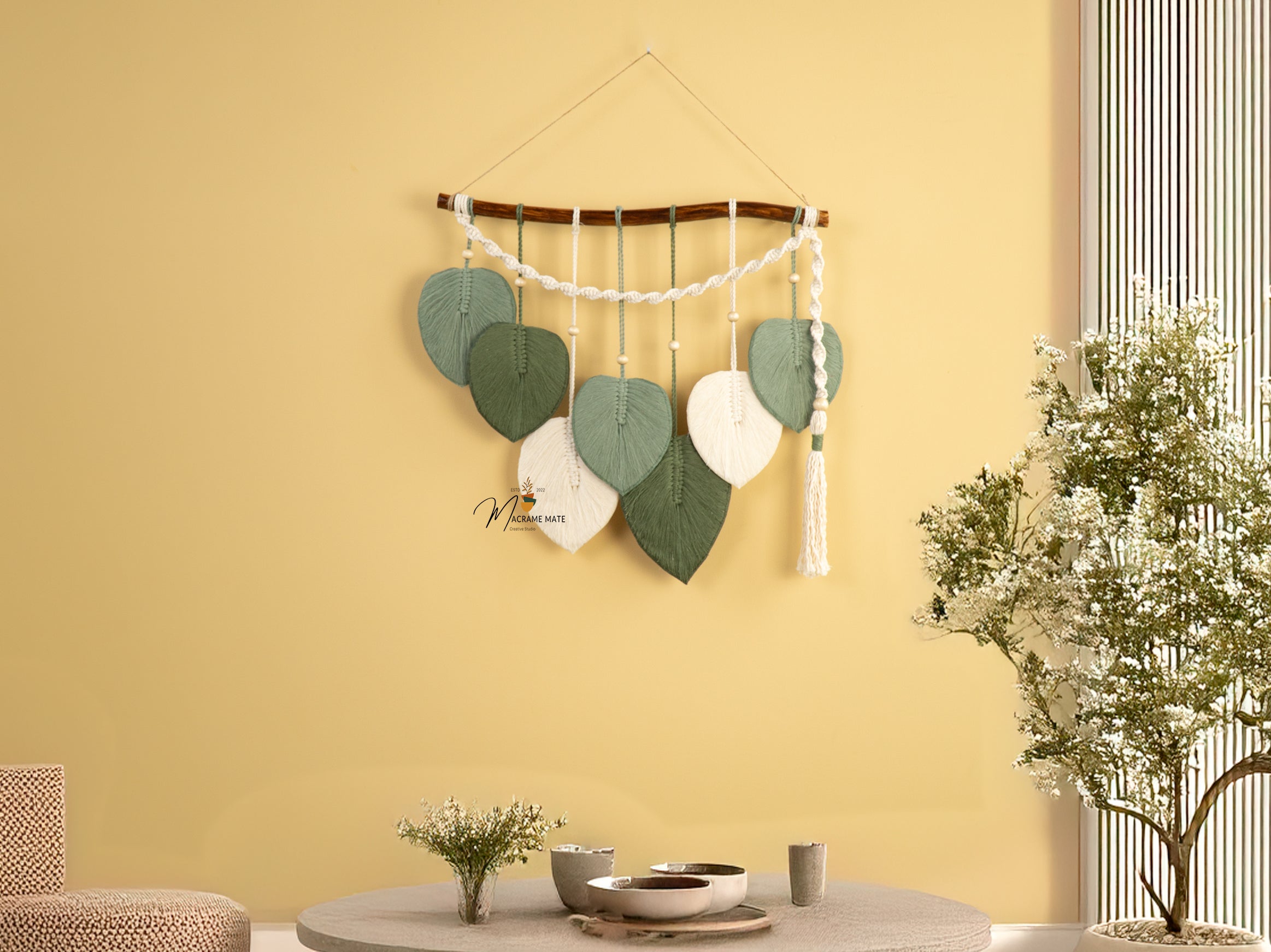 Handcrafted macrame leaf wall art, great for minimalist rooms