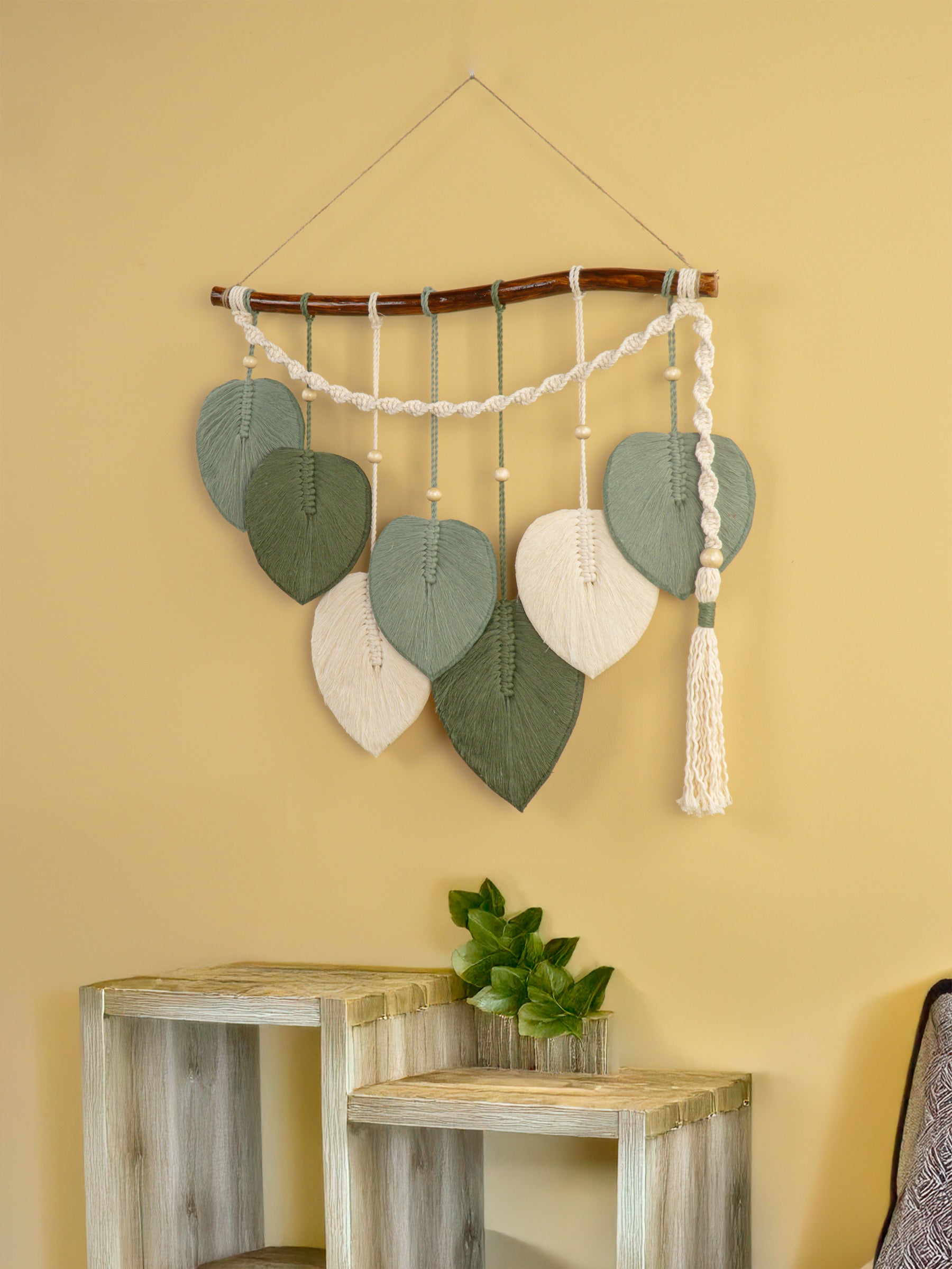 Natural macrame leaf hanging, perfect for simple home accents