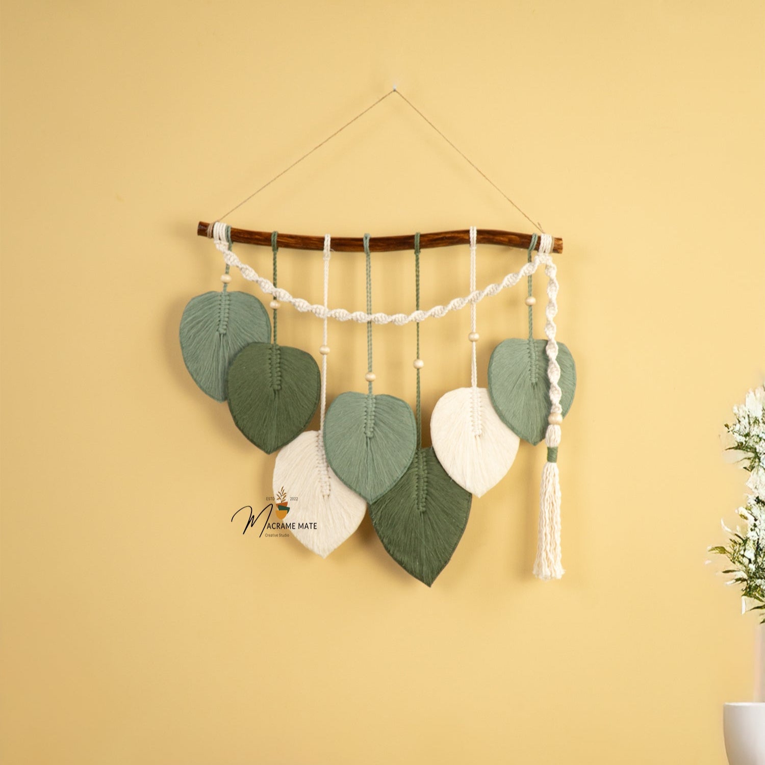 Boho macrame leaf wall hanging, perfect for cozy home decor