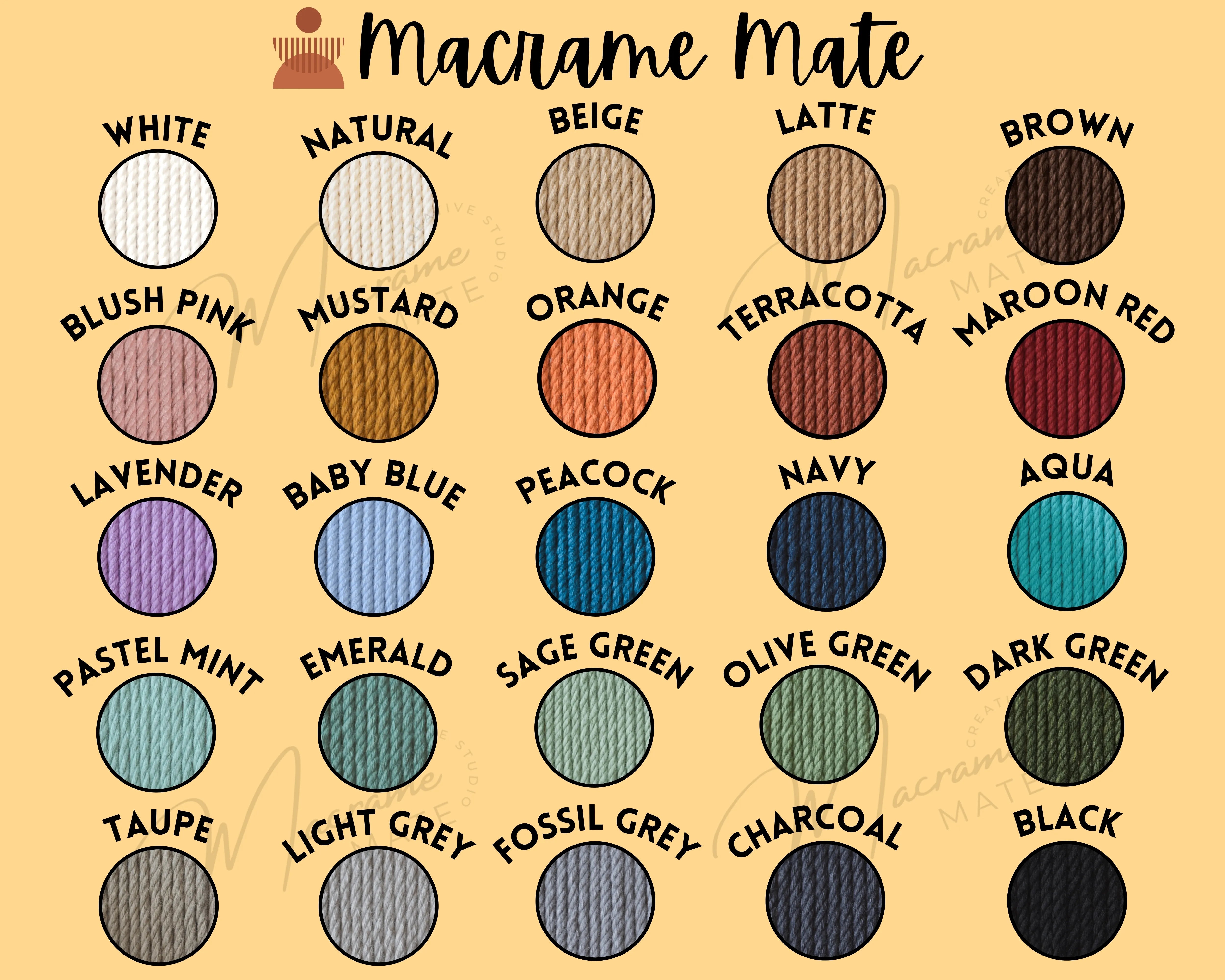 Color swatch chart for Macrame Mate with various yarn color options.