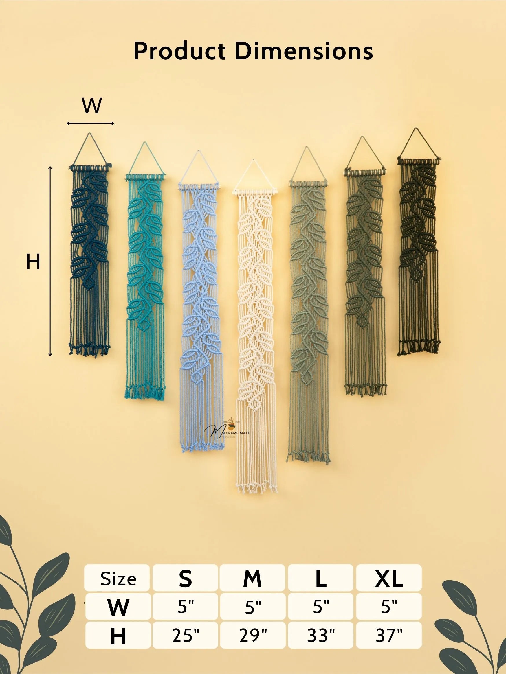 Product dimensions chart with decorative elements on a beige background