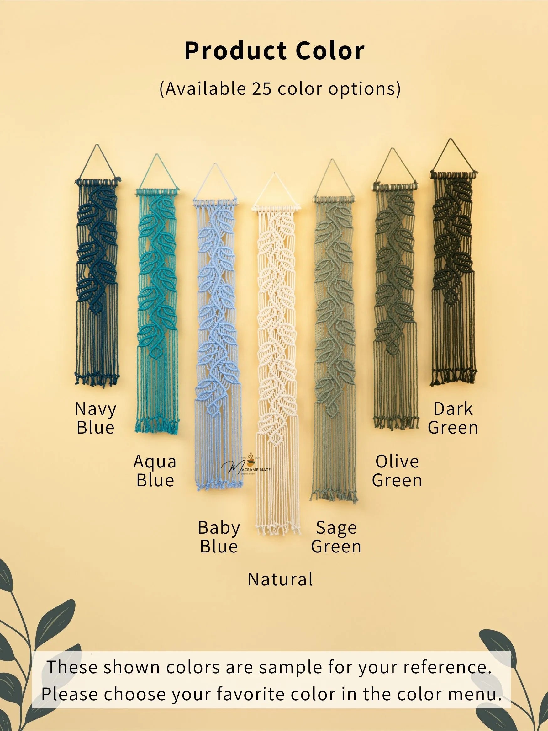 Color swatches of decorative wall hangings in various colors on a beige background.