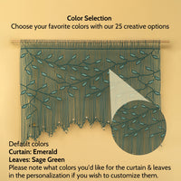 Decorative curtain with leaf pattern on a beige background, featuring color selection text.