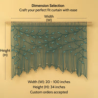 Measurement chart for curtain dimensions with a decorative curtain on a beige background