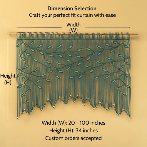 Measurement chart for curtain dimensions with a decorative curtain on a beige background