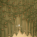Close-up of a green embroidered fabric with a brand logo in the corner.