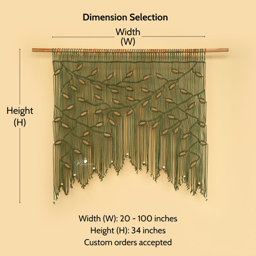 Measurement chart for a decorative wall hanging with dimensions labeled.
