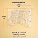 Measurement chart for a decorative wall hanging with dimensions labeled on a beige background.