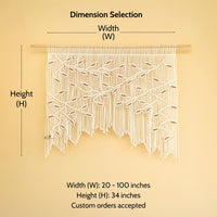 Measurement chart for a decorative wall hanging with dimensions labeled on a beige background.