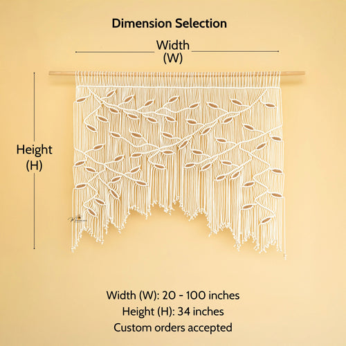 Measurement chart for a decorative wall hanging with dimensions labeled on a beige background.