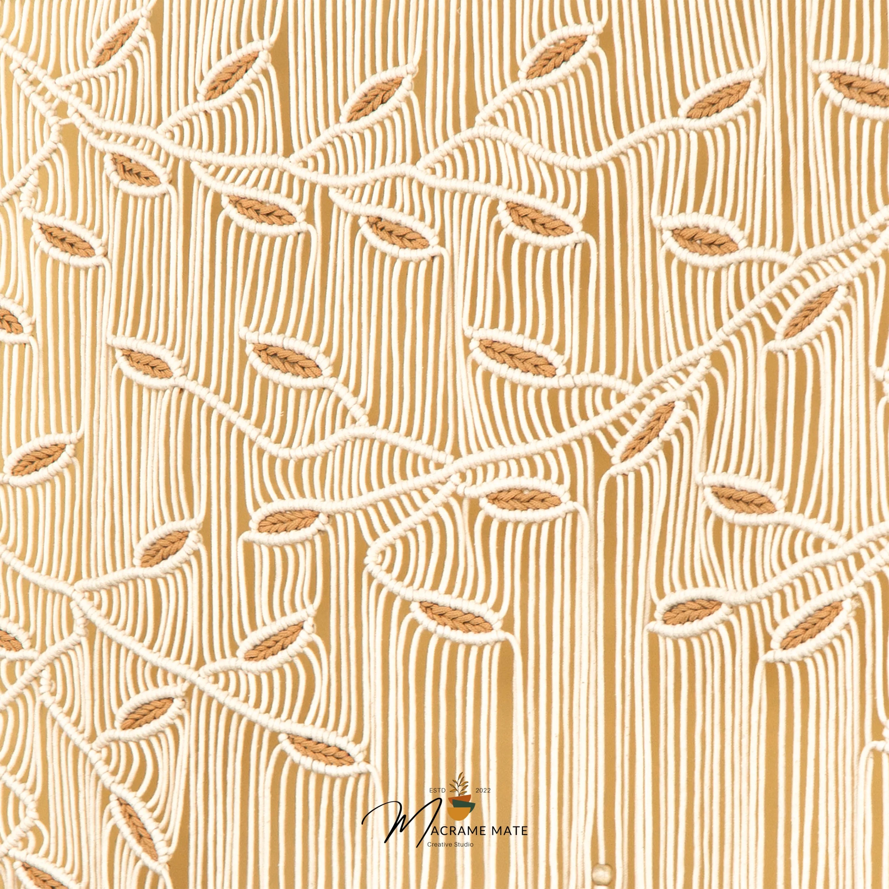 Textured pattern with wooden stick design on a beige background, featuring a brand logo.