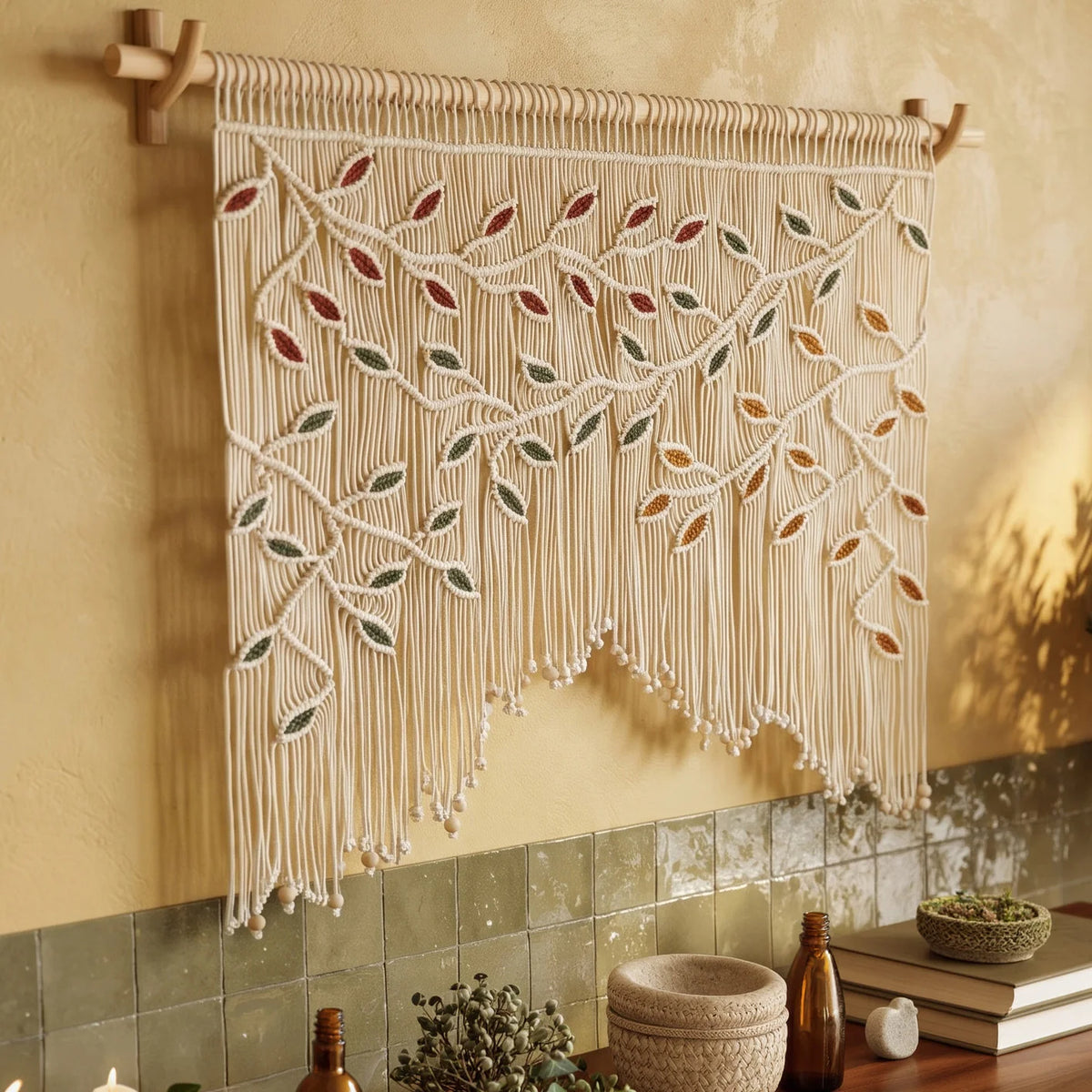 Aura Natural Macrame with trio-leveas Window Curtain