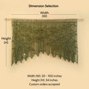 Measurement chart for a decorative green curtain with dimensions labeled.