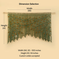 Measurement chart for a decorative green curtain with dimensions labeled.