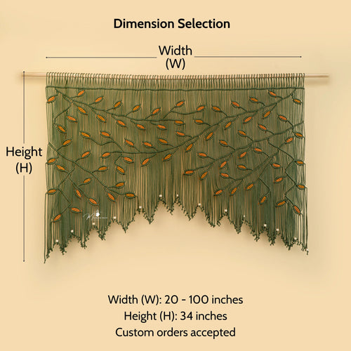 Measurement chart for a decorative green curtain with dimensions labeled.