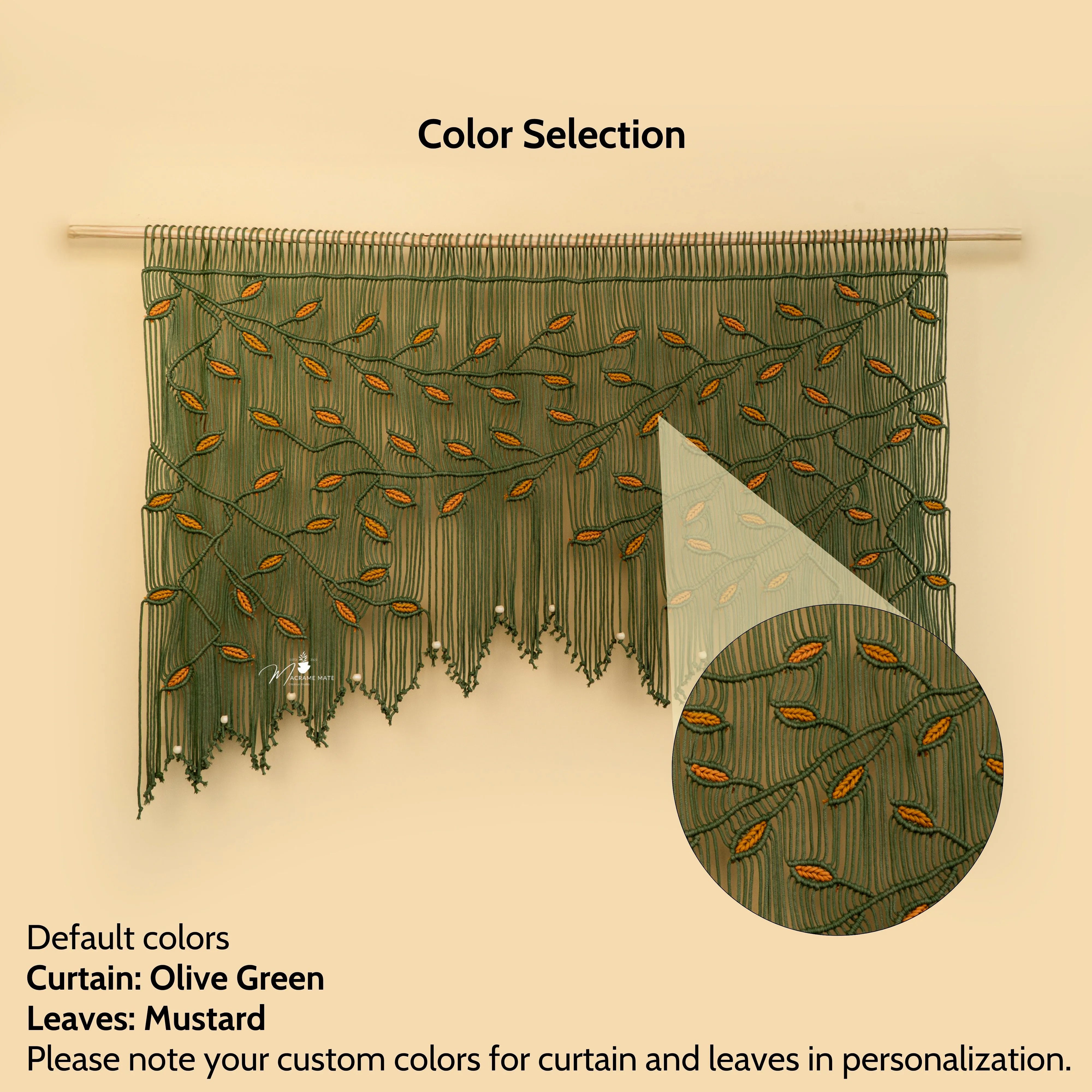 Decorative curtain with leaf pattern on a beige background