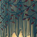 Artistic depiction of a tree with red berries on a beige background