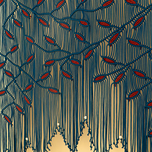 Artistic depiction of a tree with red berries on a beige background