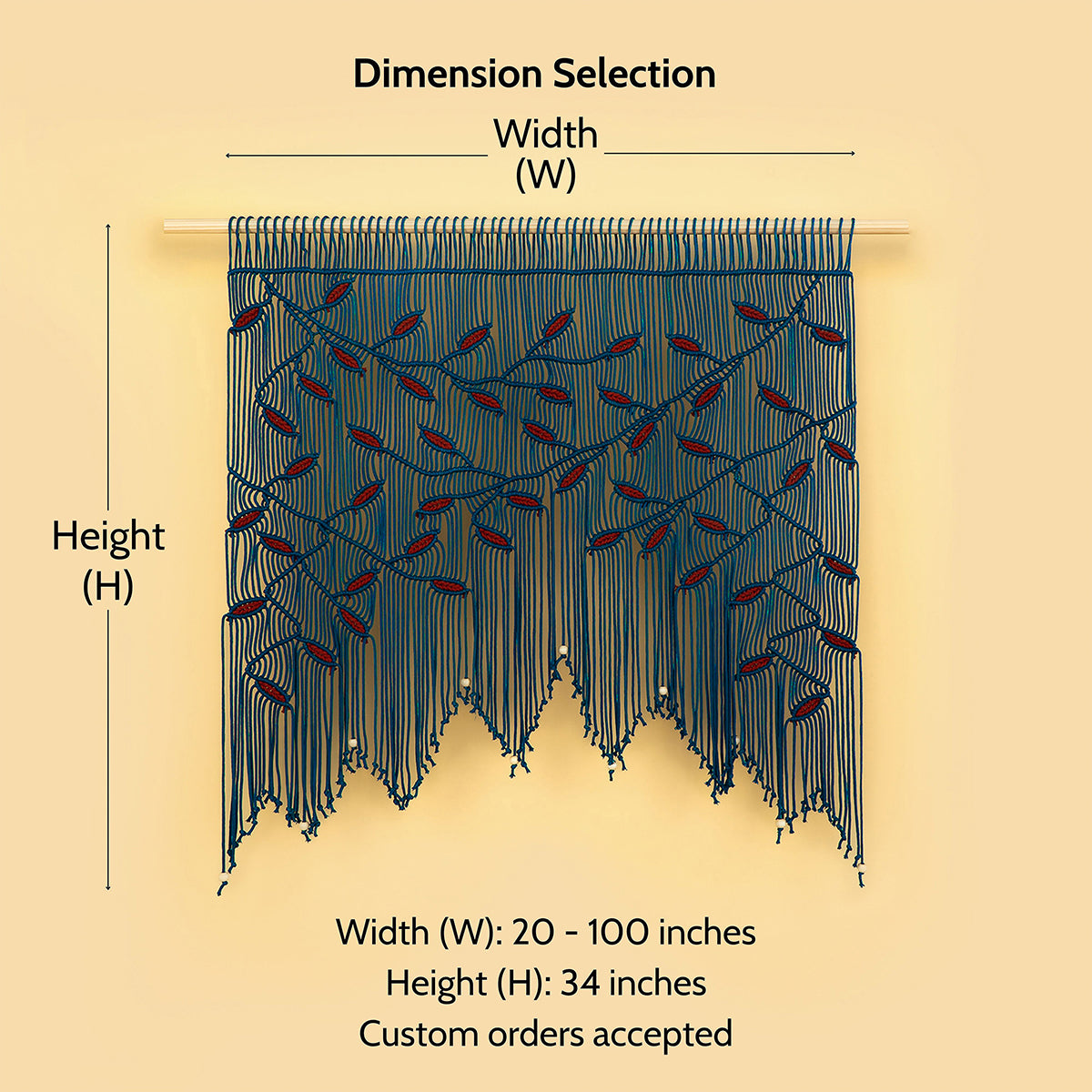 Measurement chart for a decorative wall hanging with dimensions labeled.