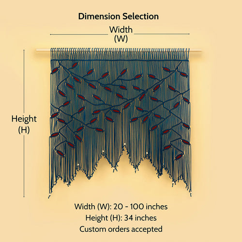 Measurement chart for a decorative wall hanging with dimensions labeled.