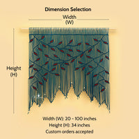 Measurement chart for a decorative wall hanging with dimensions on a beige background