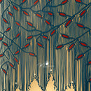 Decorative pattern with red leaves and blue stems on a beige background, featuring a brand logo.