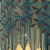 Decorative pattern with red leaves and blue stems on a beige background, featuring a brand logo.
