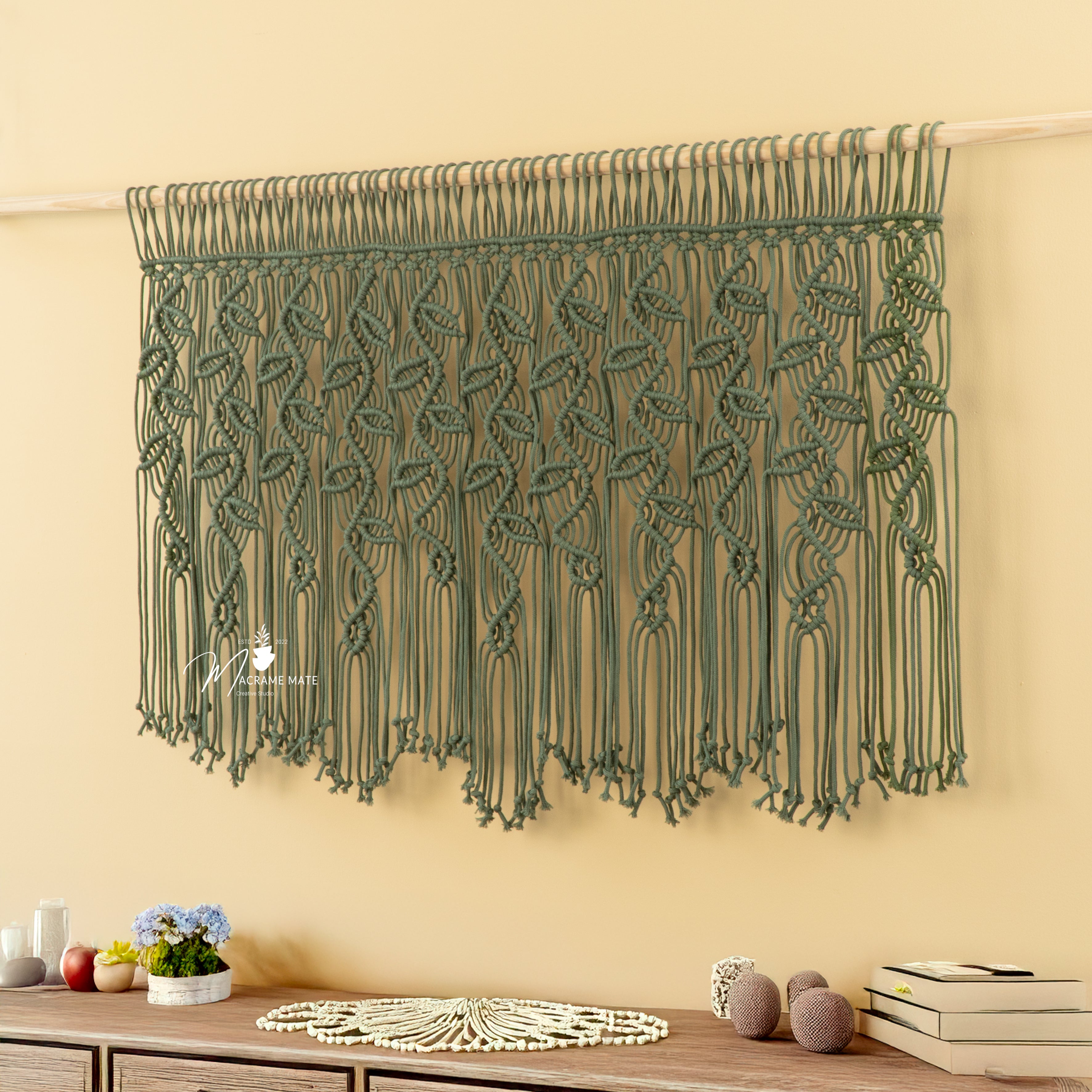 Macrame Leaf Curtain Wall Hanging Olive Green