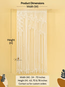 Macrame string curtain with dimensions on a beige background