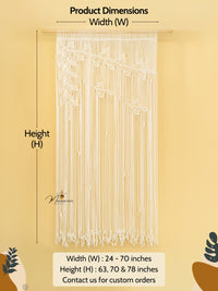 Macrame string curtain with dimensions on a beige background