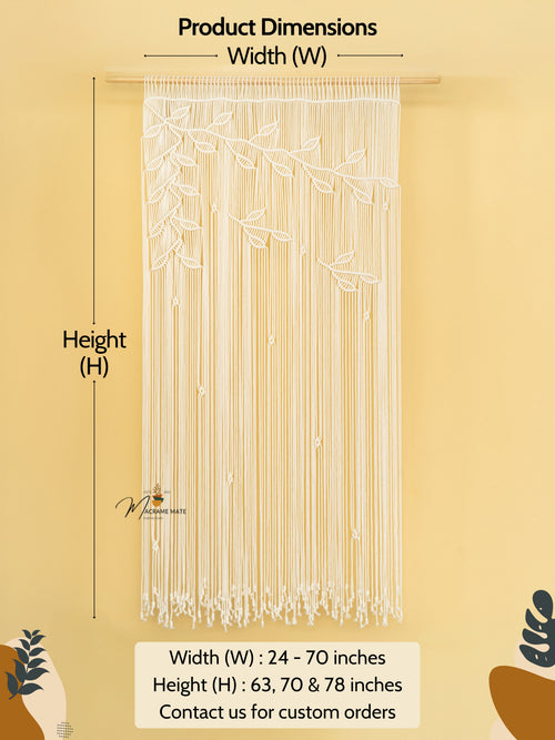 Macrame string curtain with dimensions on a beige background