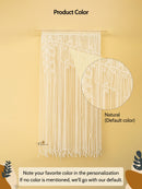 Beige macrame wall hanging with a close-up detail on a beige background