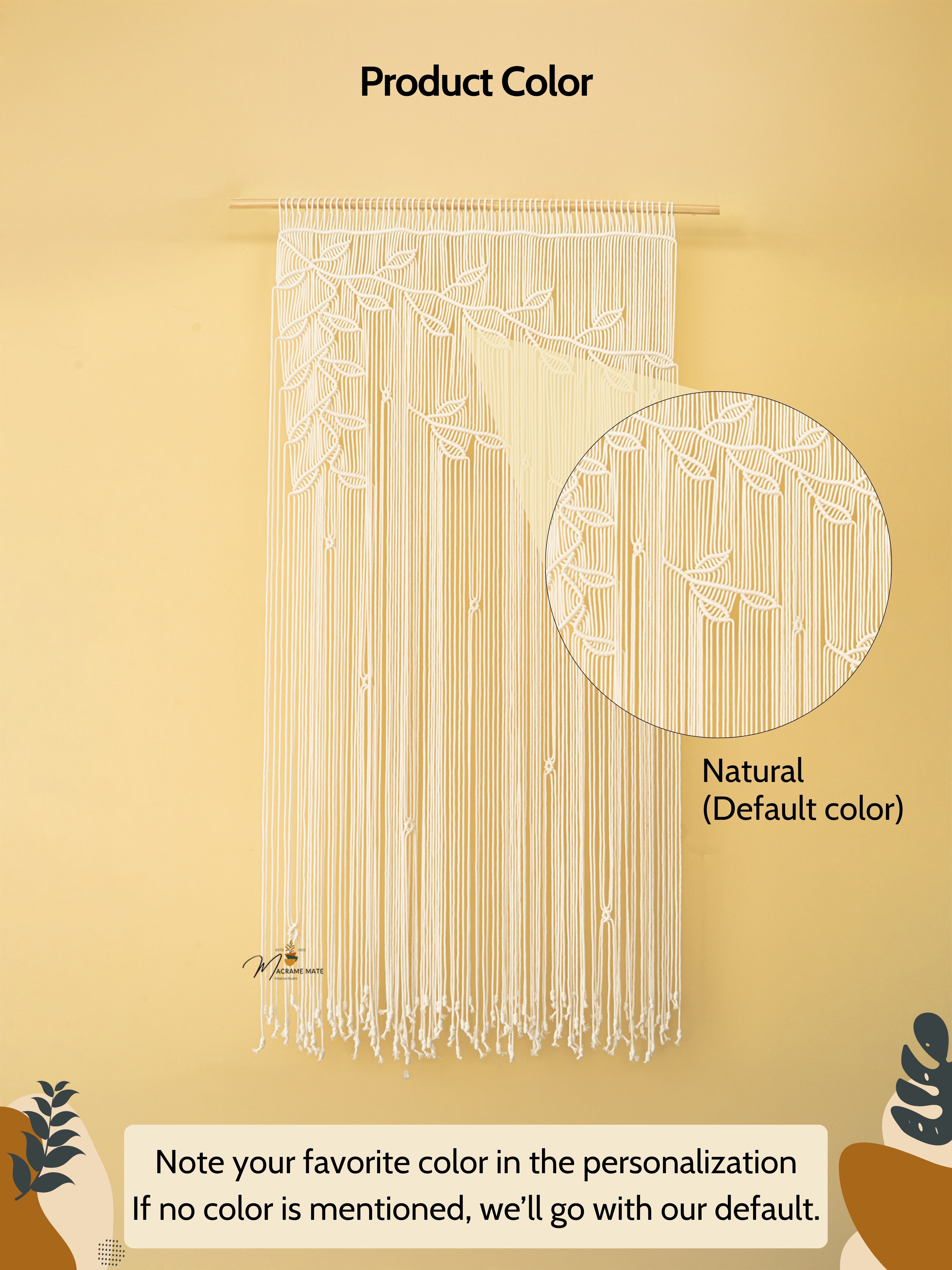 Beige macrame wall hanging with a close-up detail on a beige background