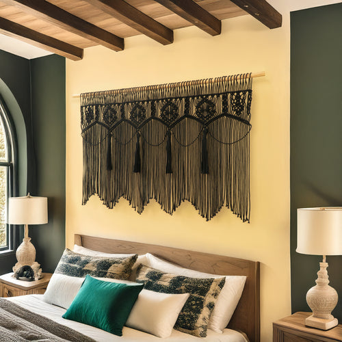 Decorative wall hanging above a bed with wooden beams and lamps on either side.