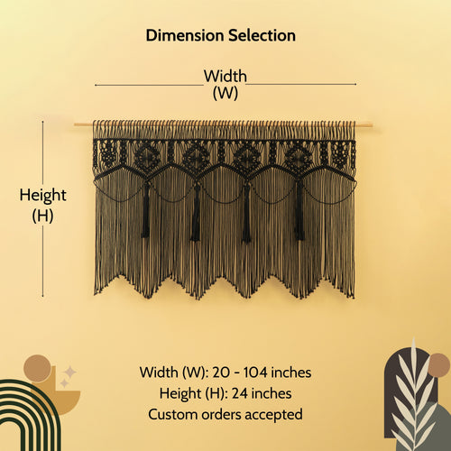 Measurement chart for a decorative black curtain with dimensions on a beige background