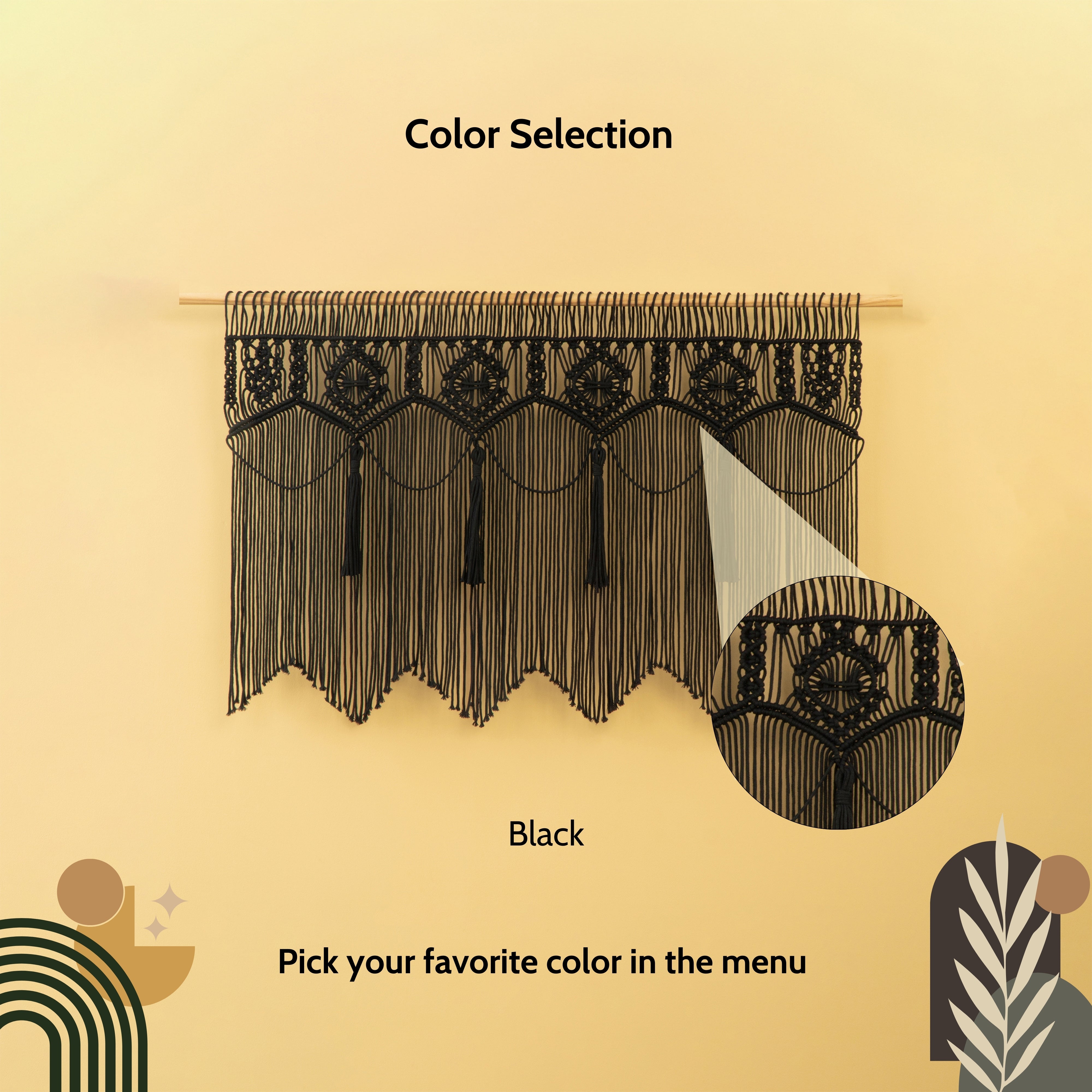 Black lace curtain on a beige background with color selection text.