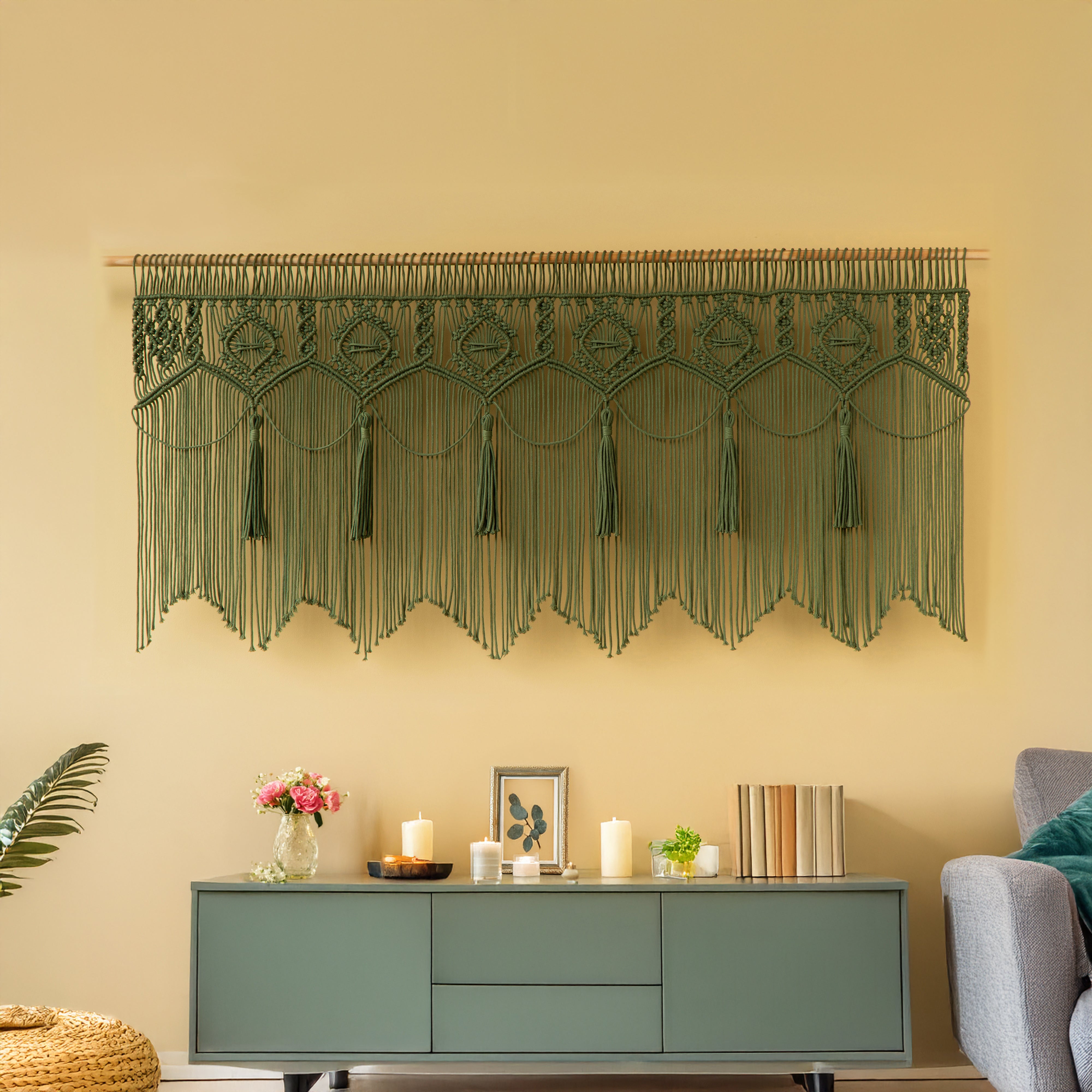 Cinder Olive Tassel Macrame Window Curtain
