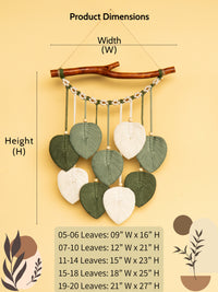 Decorative wall hanging with leaves and measurements on a beige background