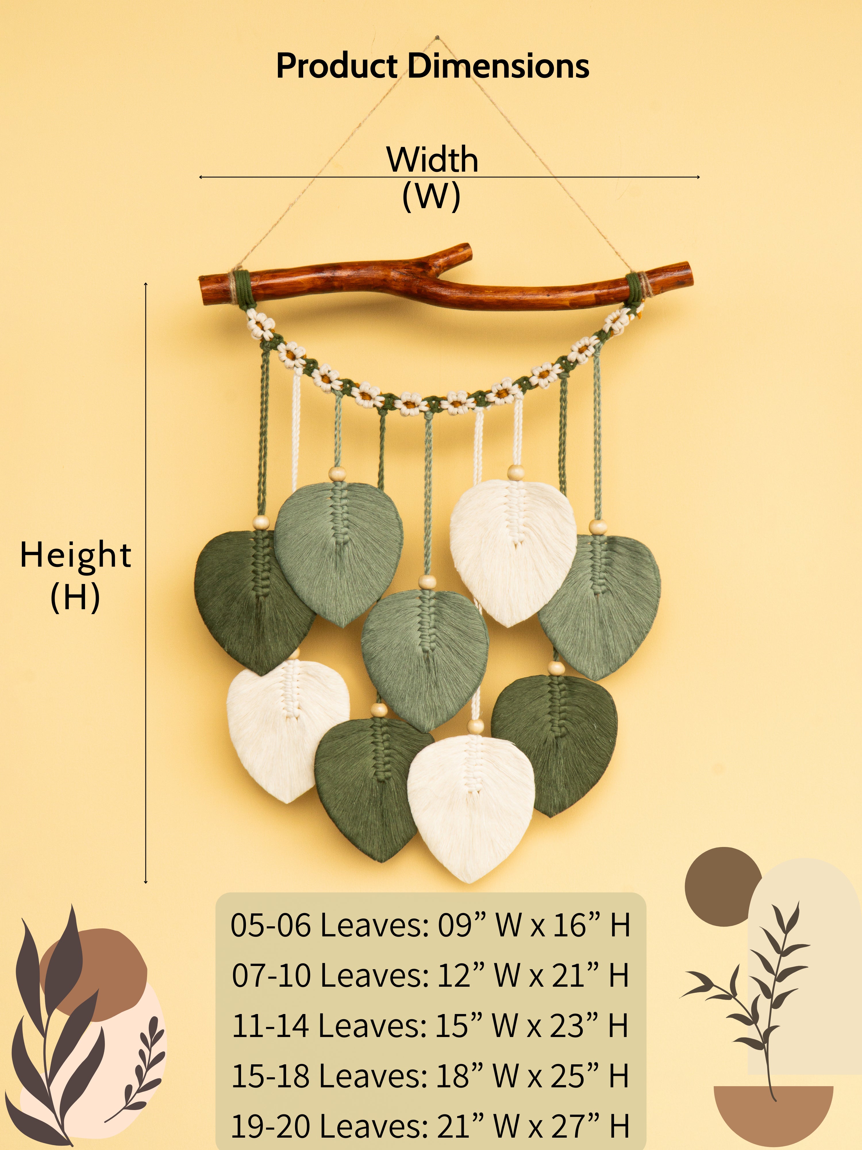 Decorative wall hanging with leaves and measurements on a beige background