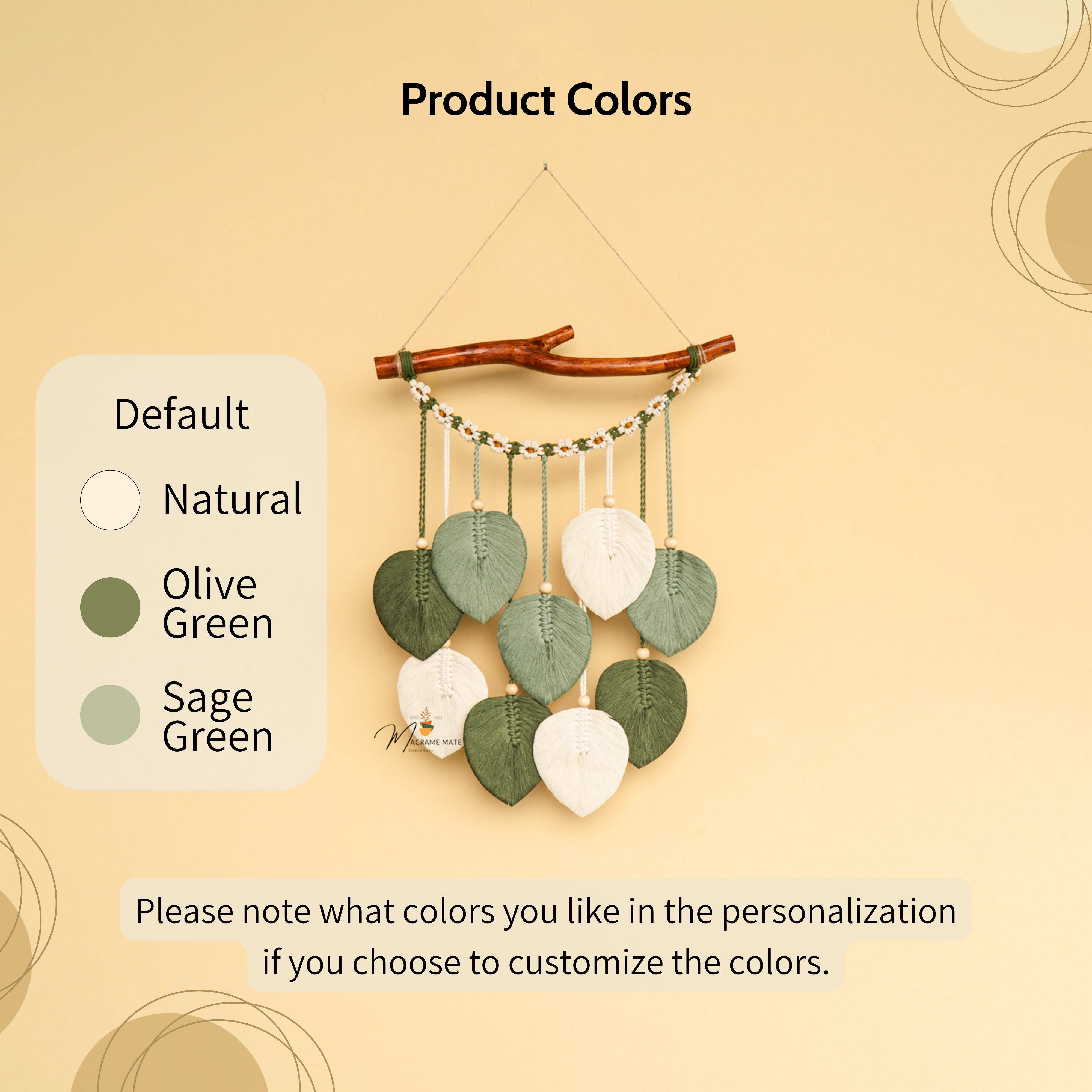 Decorative wall hanging with color swatches on a beige background