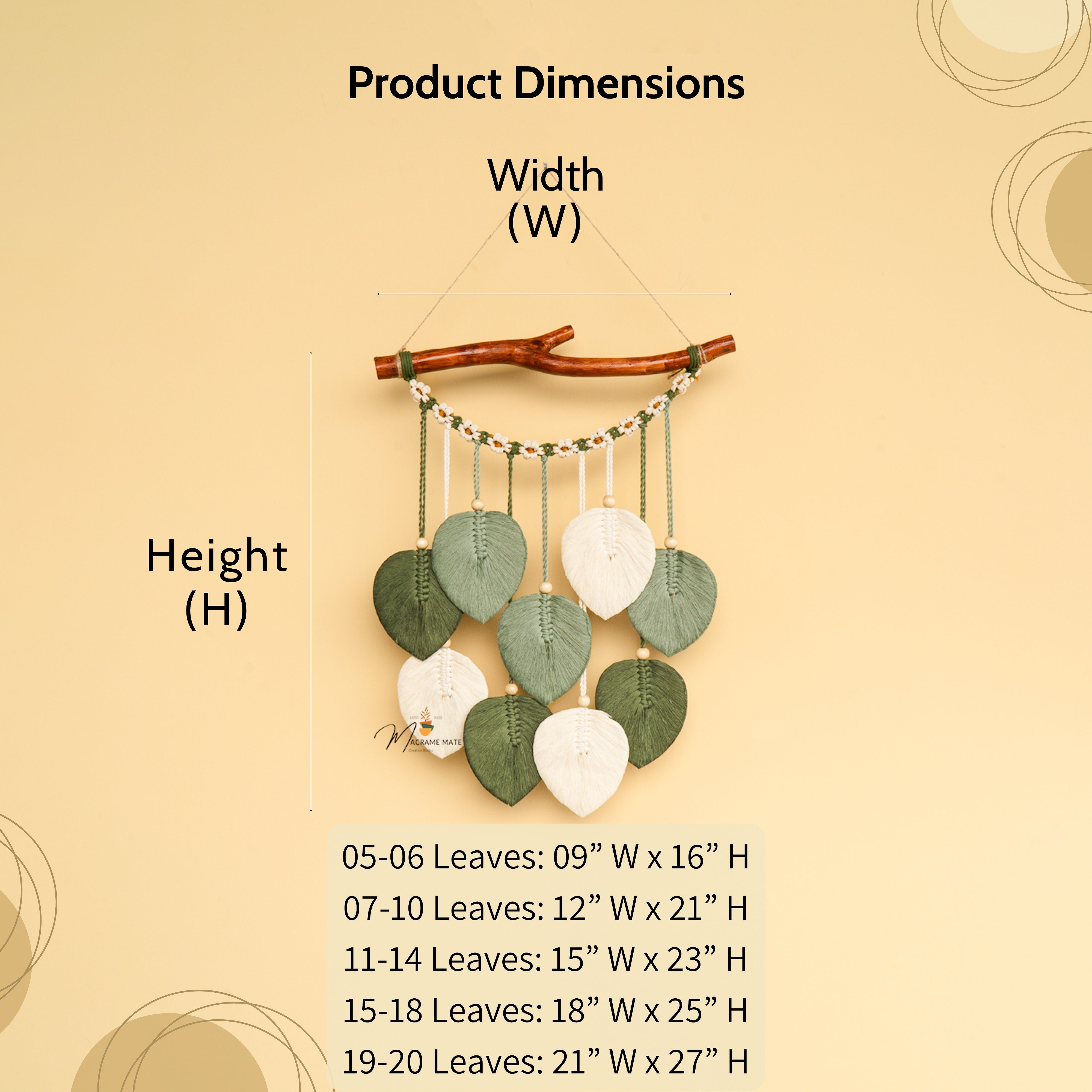 Decorative wall hanging with leaf elements and measurement chart on a beige background